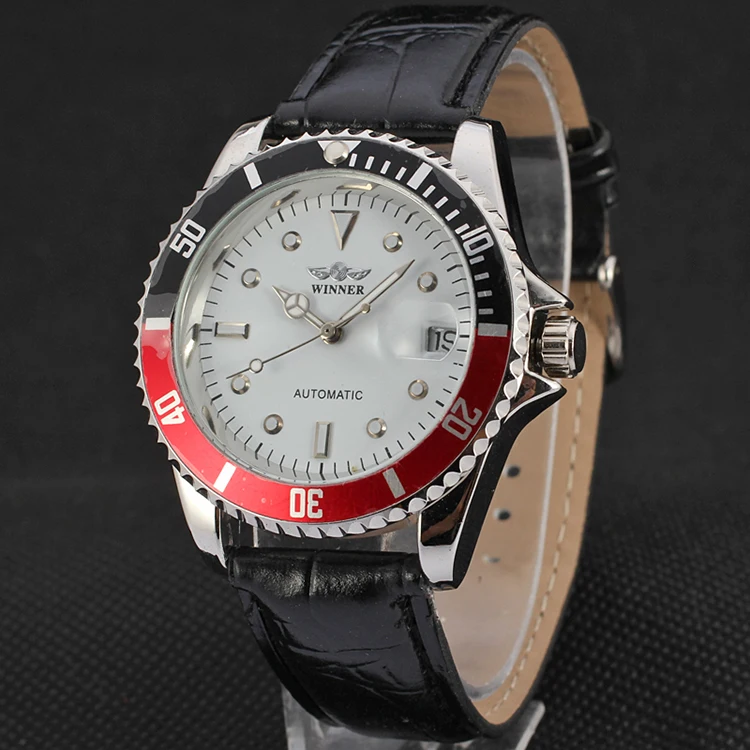 Skup Zwycięzca unikalny projekt Twotone Bezel klasyczny Auto data mechaniczny własny wiatr zegar moda Casual skórzany zegarek na rękę