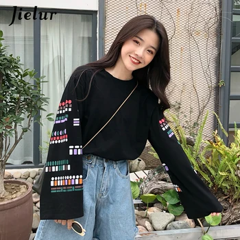 

Jielur Korean Loose Vintage Sleeve T-shirts for Women Harajuku Simple O-neck Female T-shirt Fashion Black White Autumn Tops Girl