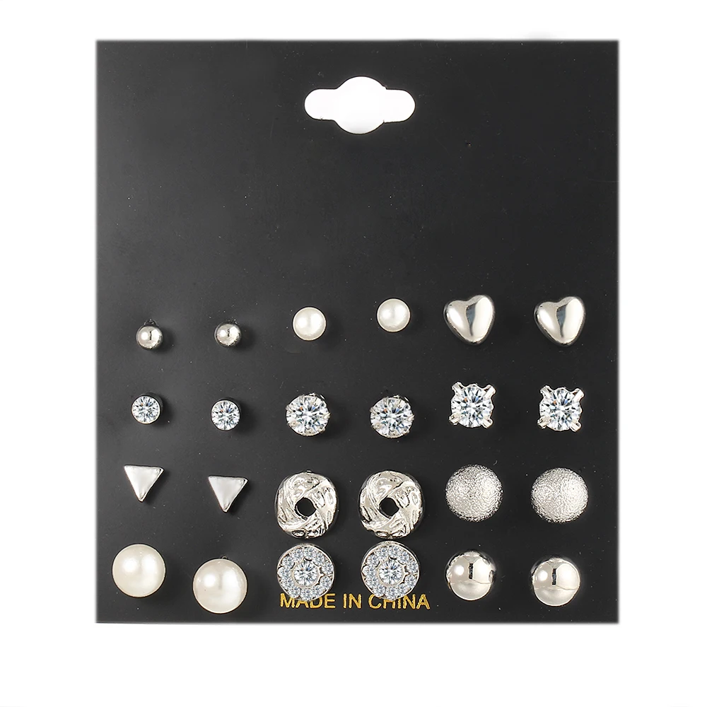 

Fashion Mini Crystal Triangle Stud Earrings Set For Women Bijoux Simulated Pearl Heart office Lady Earring Jewelry 12 pairs/lot