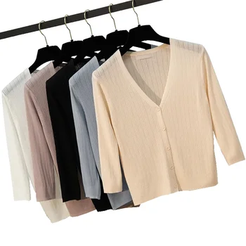 

2019 Women Spring Autumn Sweater Cardigan Sunscreen Shawl Thin Coat Casual V-Neck Long Sleeved Jacket Knitted Sweater Female Top