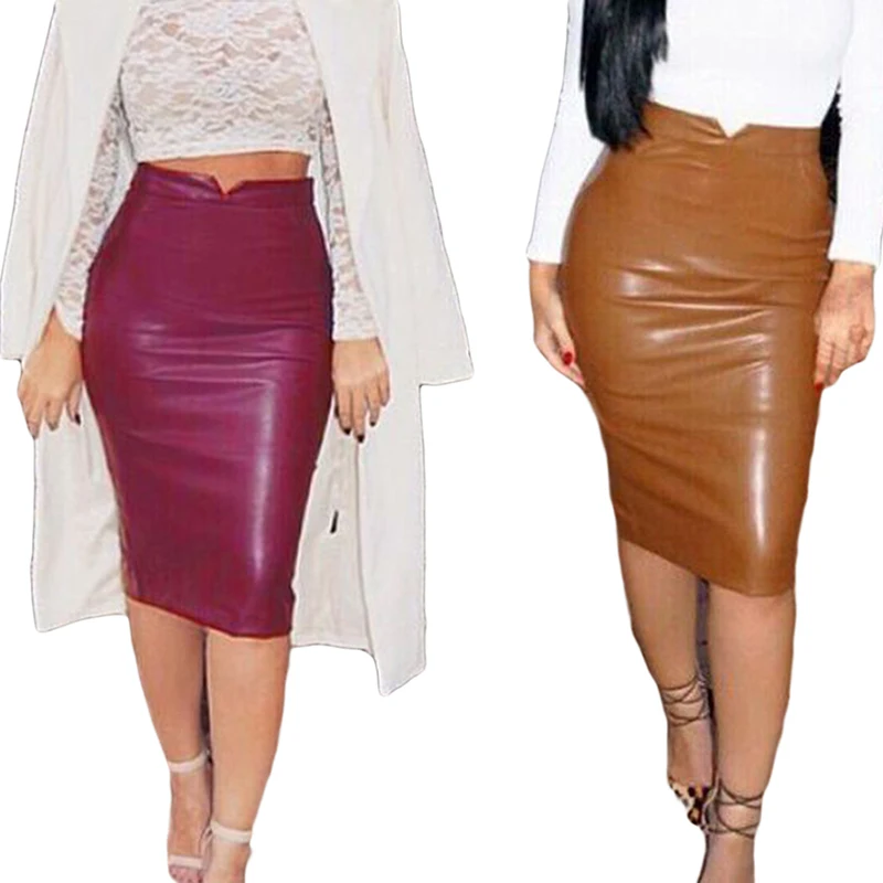 

Women PU Leather Long Skirt Solid Color High Waist Slim Hip Pencil Skirts Sexy Clubwear Vintage Bodycon Skirt