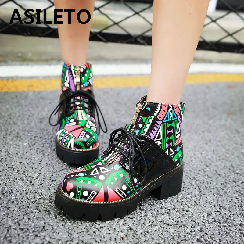 

ASILETO Graffiti printed ankle boots platform lace up waterproof non-slip patchwork short booties Totem botas size 43 bottines