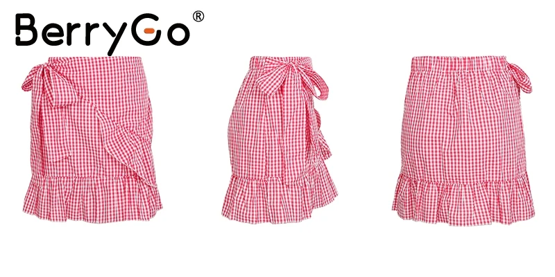 BerryGo/шикарная юбка с оборками в стиле бохо, Женская мини-юбка с цветочным принтом, клетчатая повседневная короткая юбка с высокой талией, лето