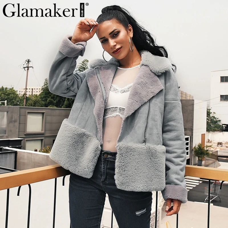 Buy Glamaker Grey streetwear fur teddy jacket Women