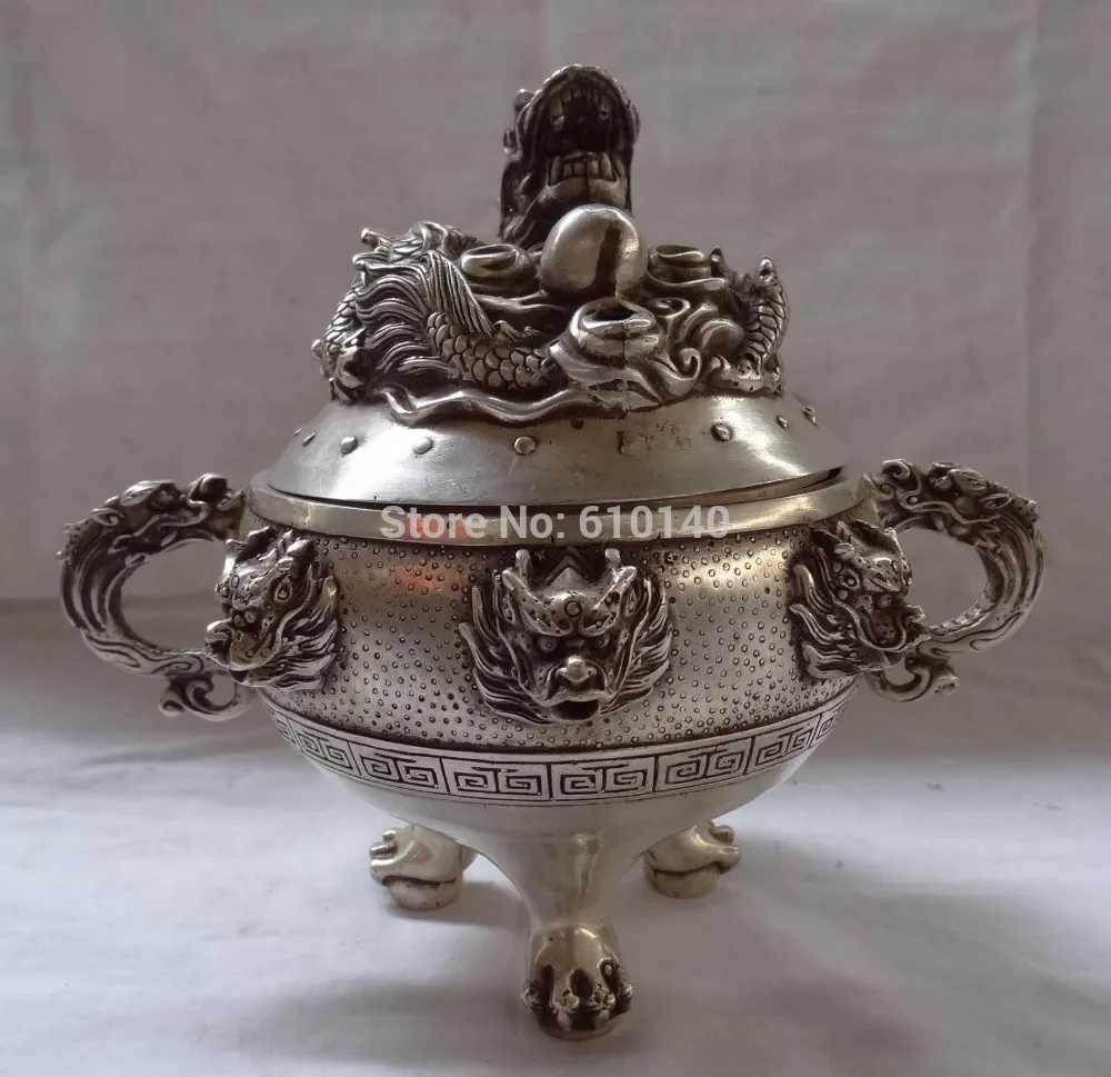 

8" Tibet Silver FengShui 9 Dragon Ball Head Statue Bronze Incense Burner Censer