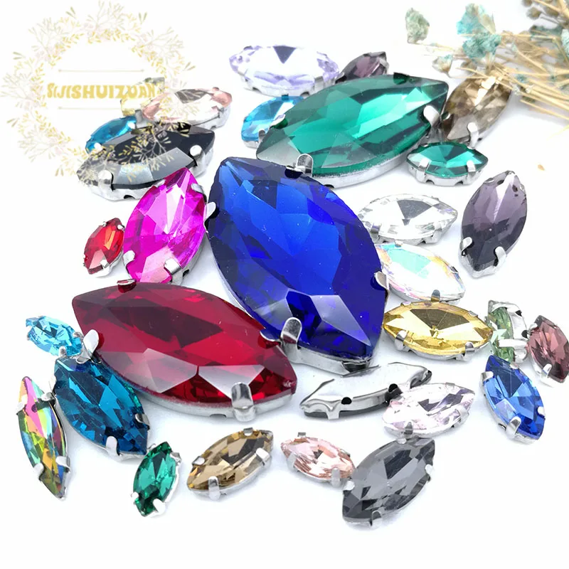 Description Picture 2 of item30PCS/Bag 21 Color Mix Horse Eye Shape Size Glass Crystal Sew on Rhinestones With Silvery Claw Diy Wedding Dress Decoration