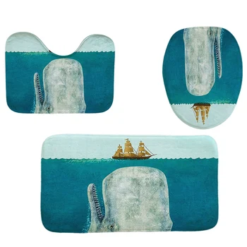 

4Pcs Home Bathroom Decor Set Whale Pattern Toilet Seat Cover Bath Mat Set+Waterproof Shower Curtain