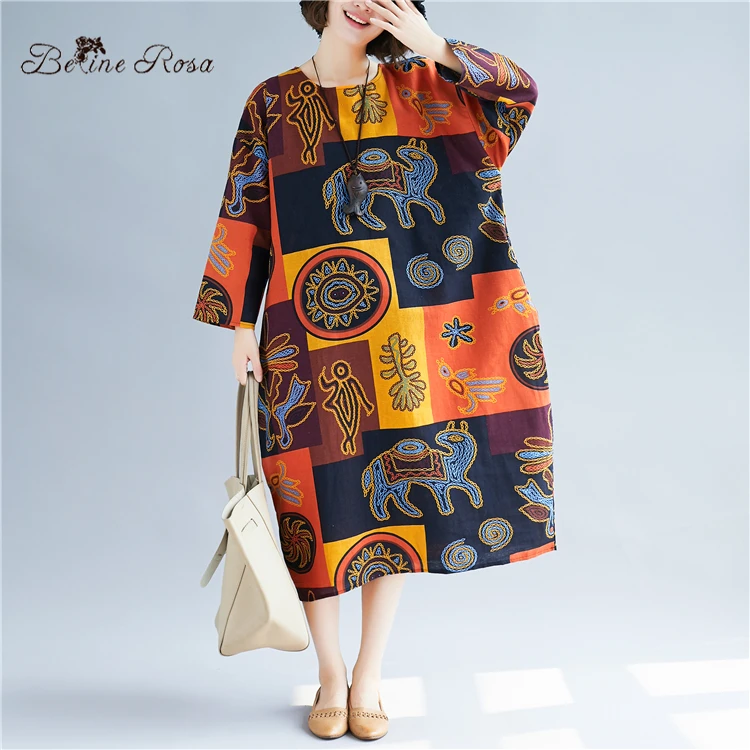 

BelineRosa Cotton Linen Dresses Woman Plus Size Women Clothing Holiday Style Long Sleeve Casual Dress Fit L ~ 3XL BSDM0194