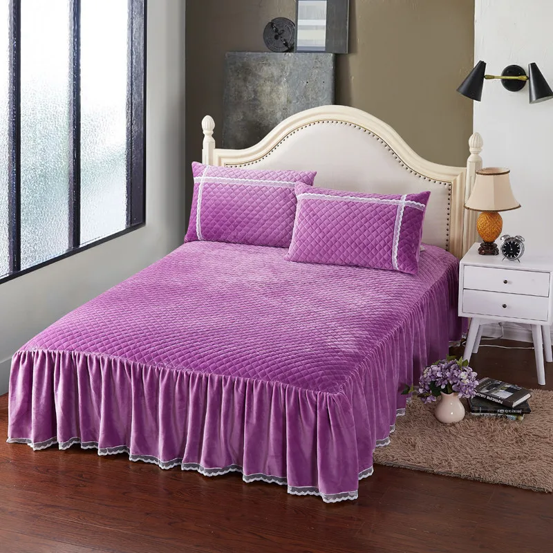 

LeRadore Soft Velvet Flannel Pure Color Bedskirt Pillowcases Winter Warm Fleece Bedspread Coverlet Full Twin Queen King Size