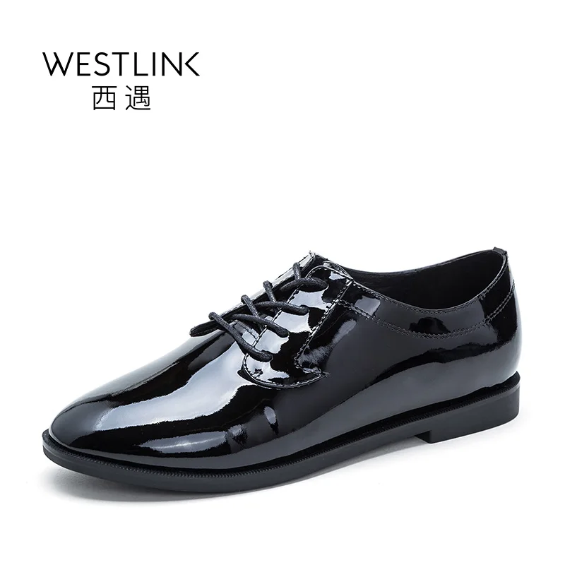 

Westlink Casual Pure Color Cow Patent Leather Round Toe Lace-up Lace-up Women Flat Deep Shoes Black 2017 Spring New