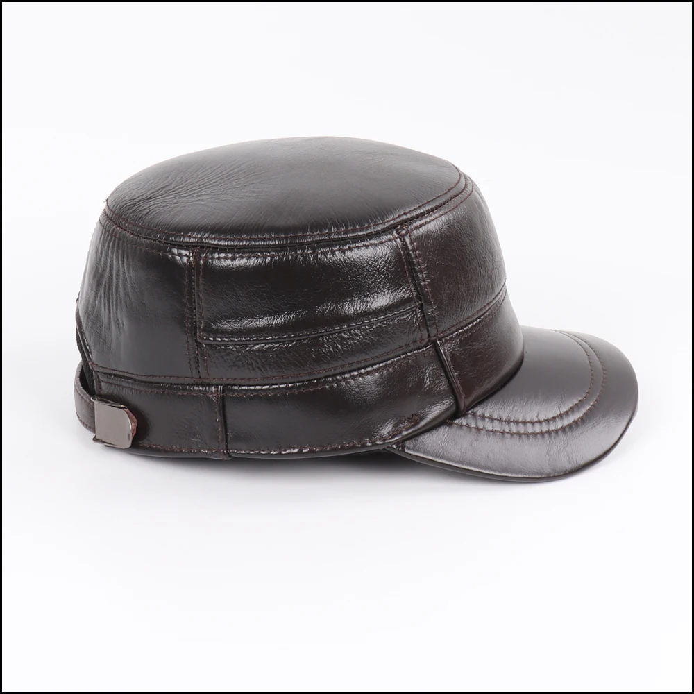 New Outdoor Men Real Sheepskin Leather Flat Caps Man Warm Real Natural Sheep Leather Military Hats Fall Winter Real Leather Hat