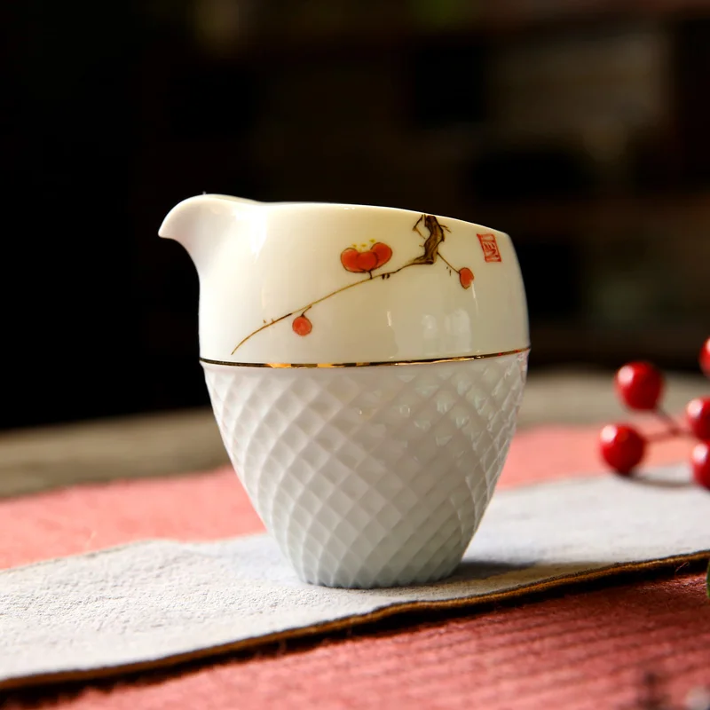 

Handpainted Chinese Kung Fu Tea Set Ceramic Hand Made Justice Cup Flower Pattern Tea Cups White Porcelain Fair Cup