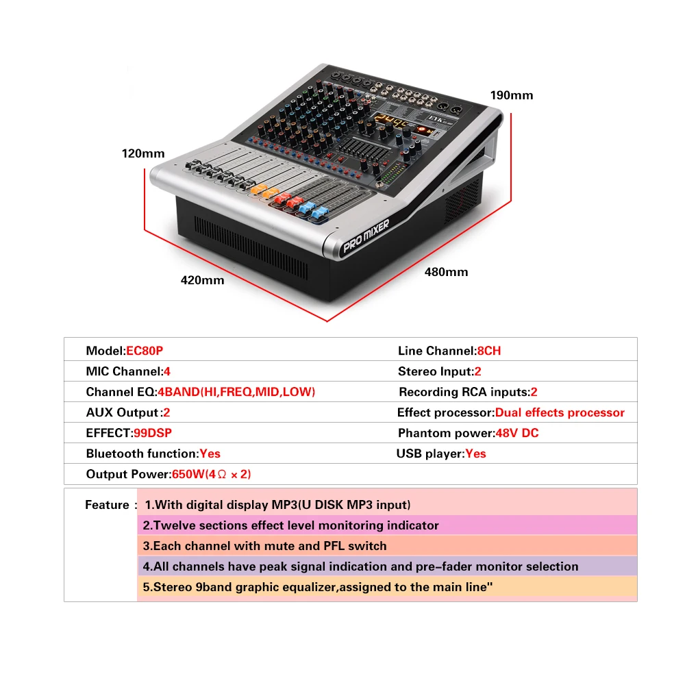 EYK EC80P 8 каналов 4 моно, 2 стерео мощный аудио микшер 650 Вт x 2 с 9 диапазоном эквалайзера 99DSP двойные эффекты Bluetooth USB 2 AUX для сцены