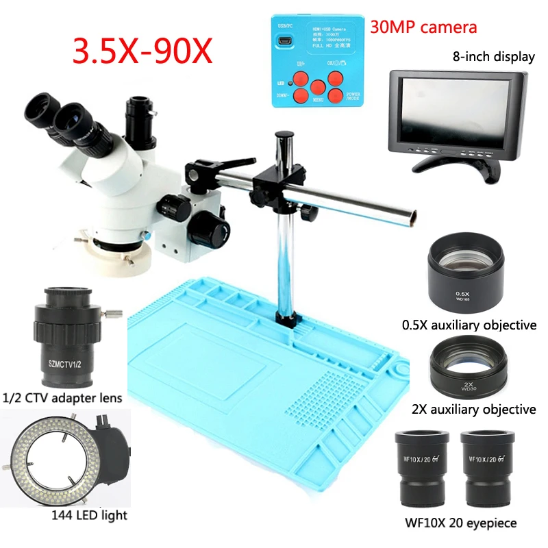 Непрерывный зум 3.5X-90X Simul-Focal 3D стерео микроскоп + HD 30MP HDMI USB камера 0.5X 2X