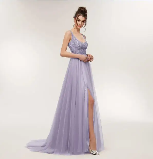 Сексуальное платье для Бала Low Neck A-Line бисерные вечерние платья длинное с разрезом роскошное выпусквечерние вечернее платье Robe de Soiree RE12 - Цвет: Фиолетовый