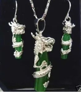 

real natural beads wholesale Cheap Pretty natural silver plate green gem dragon pendant necklace SETS Jewelry for women