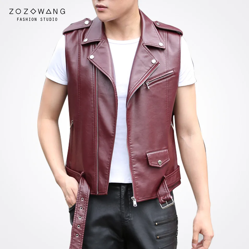 zozowang spring summer solid shore loose casual leather vest men turn down collar zipper belt sleeveless leather vest men