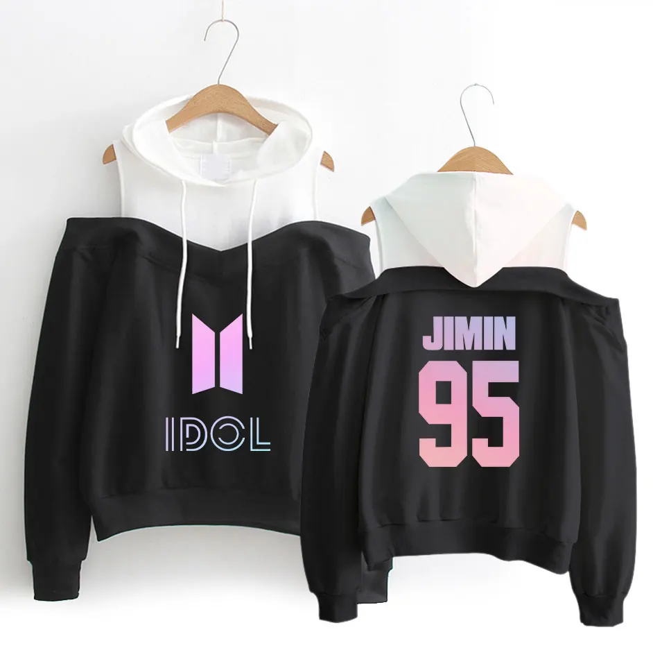 

IDOL JIMIN/V pattern printing women's fashion hip hop casual hood long-sleeved off-shoulder sweatershirt SIZE S-XL