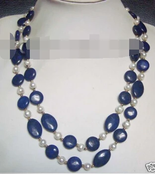 

Jewelr 004917 natural lapis lazuli white pearls necklace 45" long