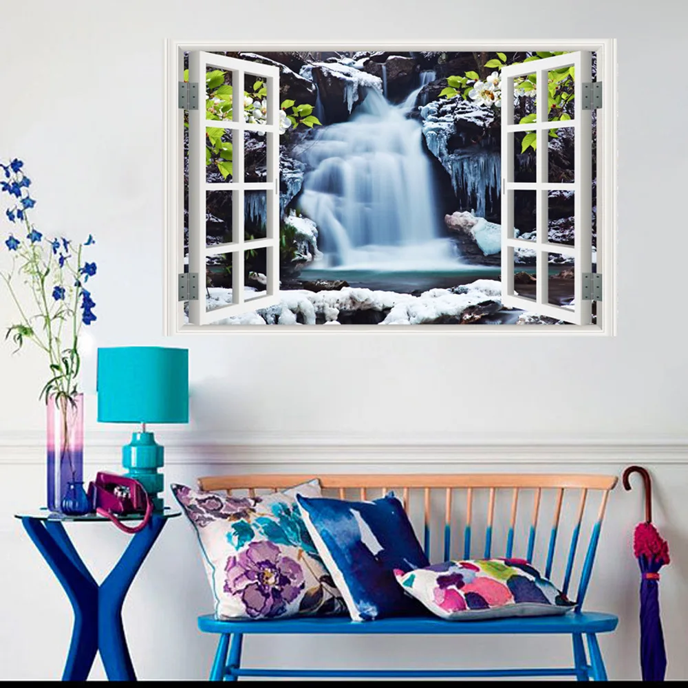 3D Window Scenery Waterfall Wall Stickers PVC Material waterfall Creek