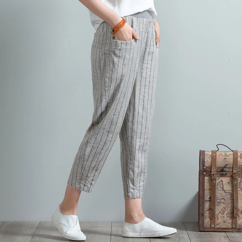 Plus Size Cotton Linen Harem Pants Women Spring Summer High Waist Striped Pockets Pants Casual Elas