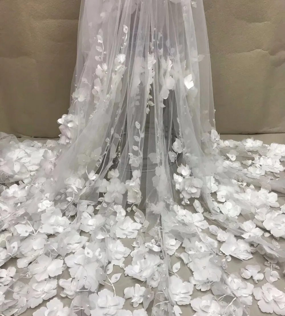 Белая кружевная ткань с объемными бусинами Высококачественная сетчатая вышивка аппликация 3D цветок тюль нигерийские кружевные ткани для невесты XC300a