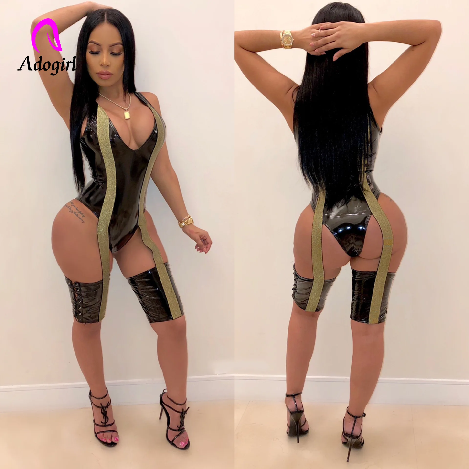 Sexy Women PU Leather Rompers Bodysuits Erotic Leotard Costumes Rubber Flexible Latex Catsuit Catwomen Porno Nightwear Bodysuit