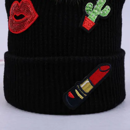 Шапка бини женская зимняя теплая с вышивкой в виде помады|hat female|knit beanie capwinter warm hat |