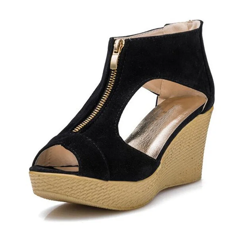 

Free shipping HOT Women's shoes sandals 2017 new summer fish mouth wedge high heel platform sponge zip sandals fashion footwear