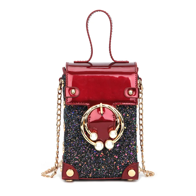 Дизайн, Хит, Женская мини-сумка, для девушек, с жемчужинами, заклепками, блестками, через плечо, сумка через плечо, широкий плечевой ремень, сумка для ключей из искусственной кожи - Цвет: Красный