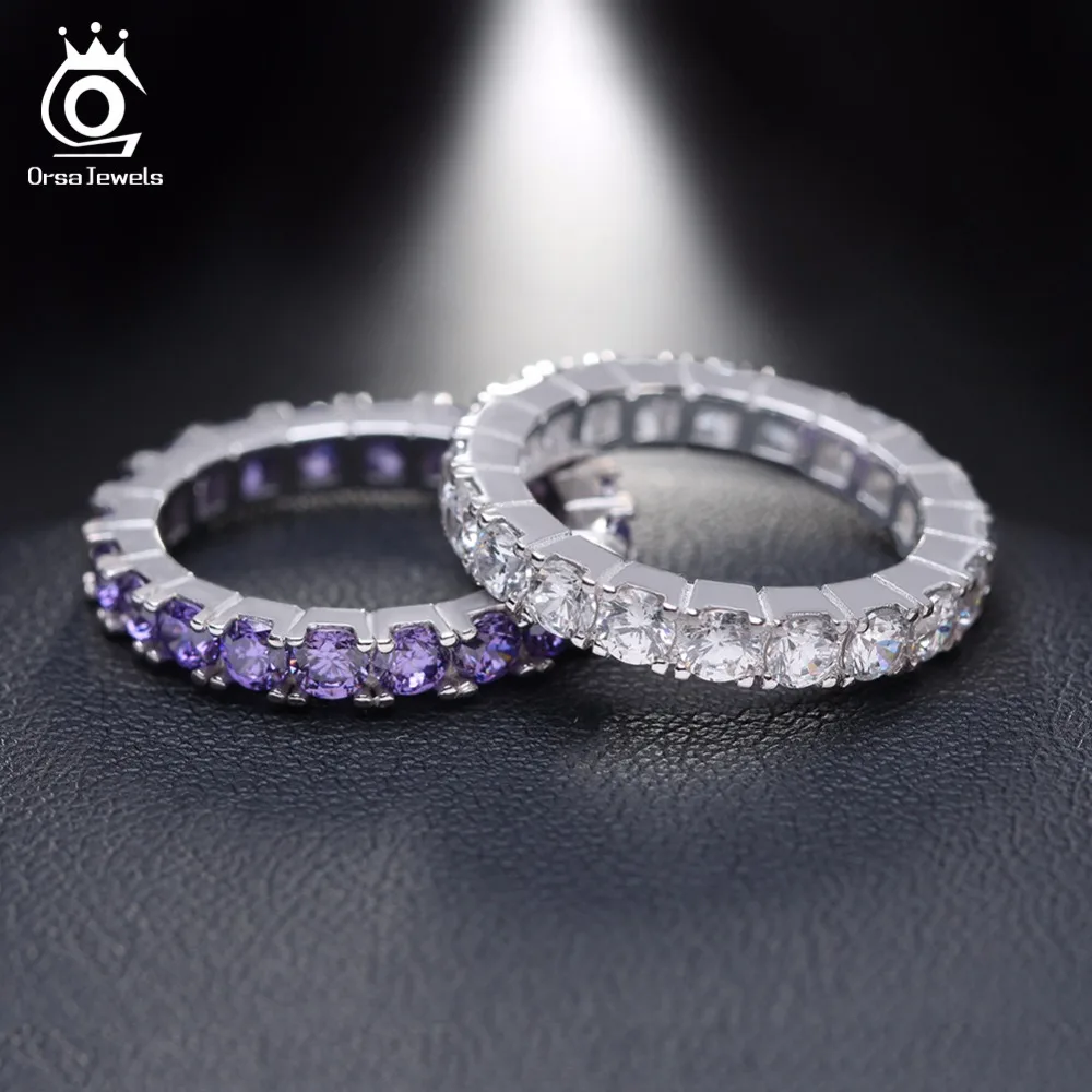 ORSA JEWELS Luxury Austrian Crystal Finger Eternity Ring with Purple or Clear AAA Cubic Zirconia Silver Color Ring Jewelry OR31
