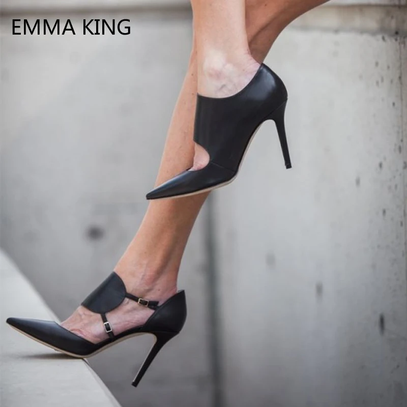 

Fashion Black Leather Stiletto Heels 10 12cm Sexy Pointy Toe Buckle Pumps Women Summer Party Night Club Vintage Shoes For Ladies