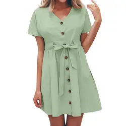 Мини-платье-рубашка женское летнее 2019 винтажное сексуальное с v-образным вырезом с коротким рукавом и пуговицами мини-набор ювелирных