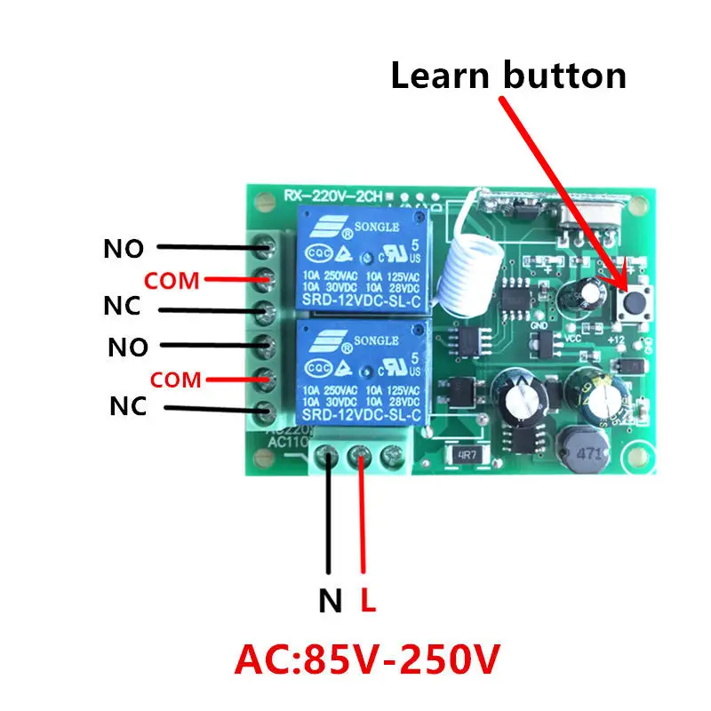 Kit ricevitore e 2 telecomandi 2ch 433.92MHz 220V