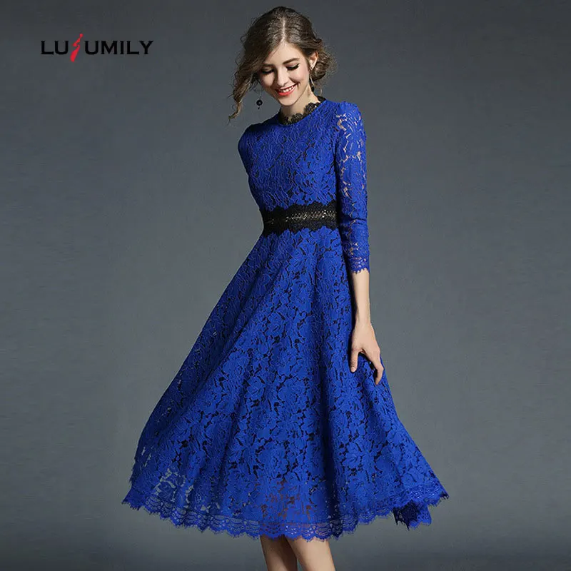 

Lusumily Spring Elegant Lace Dress Women 2019 New Sliver Embroidery Vintage Sexy Slim Three Quarter Sleeve Office Lady Dresses