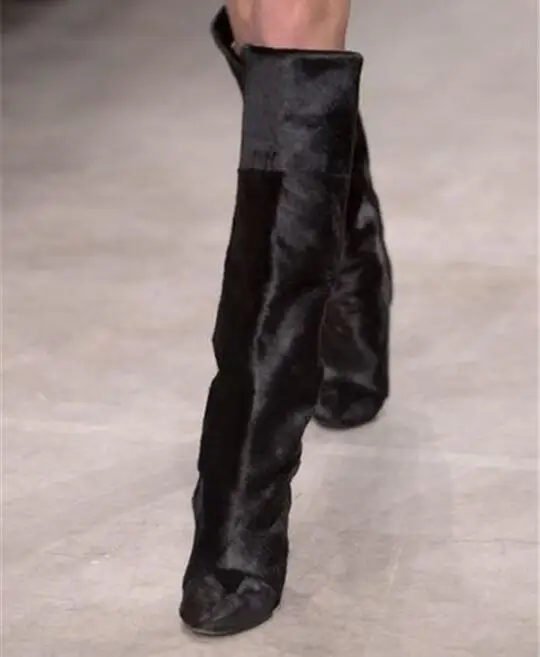 Fashion-Winter-Warm-Patchwork-Horse-Hair-Suede-Knee-Boots-Point-Toe-Slip-On-Hidden-Wedge-Women