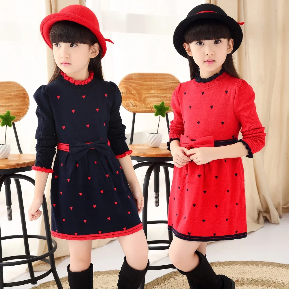 

2018 Girls Clothes Autumn Winter Wool Turtleneck Bow Girl Dress Children Clothing Princess Dresses 6-15 years Old Kids Clothes