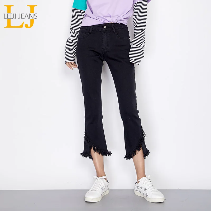 

LEIJIJEANS New Arrival Autumn Vintage Style Irregular Tassel Cuffs Ankle Length Mid Waist Women Flare Elastic Slim Jeans 7068