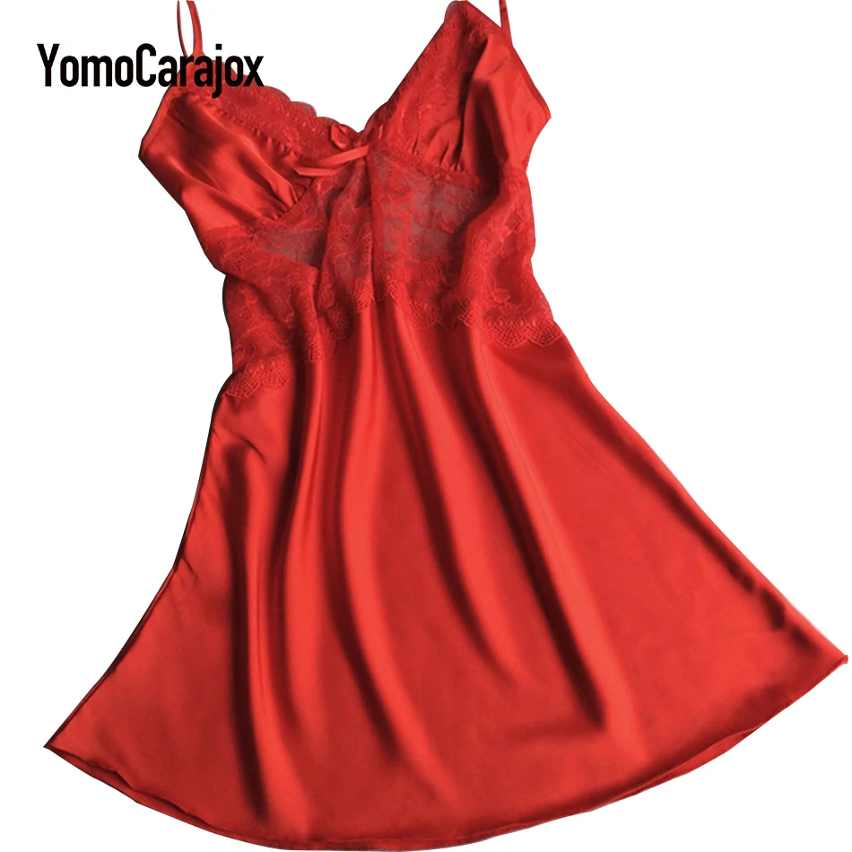 

2017 New Femaile Sexy Silk Satin Sleeveless Backless Nighties V-neck Nightgown M-XXL Plus Size Sexy Erotic Lace lingerie