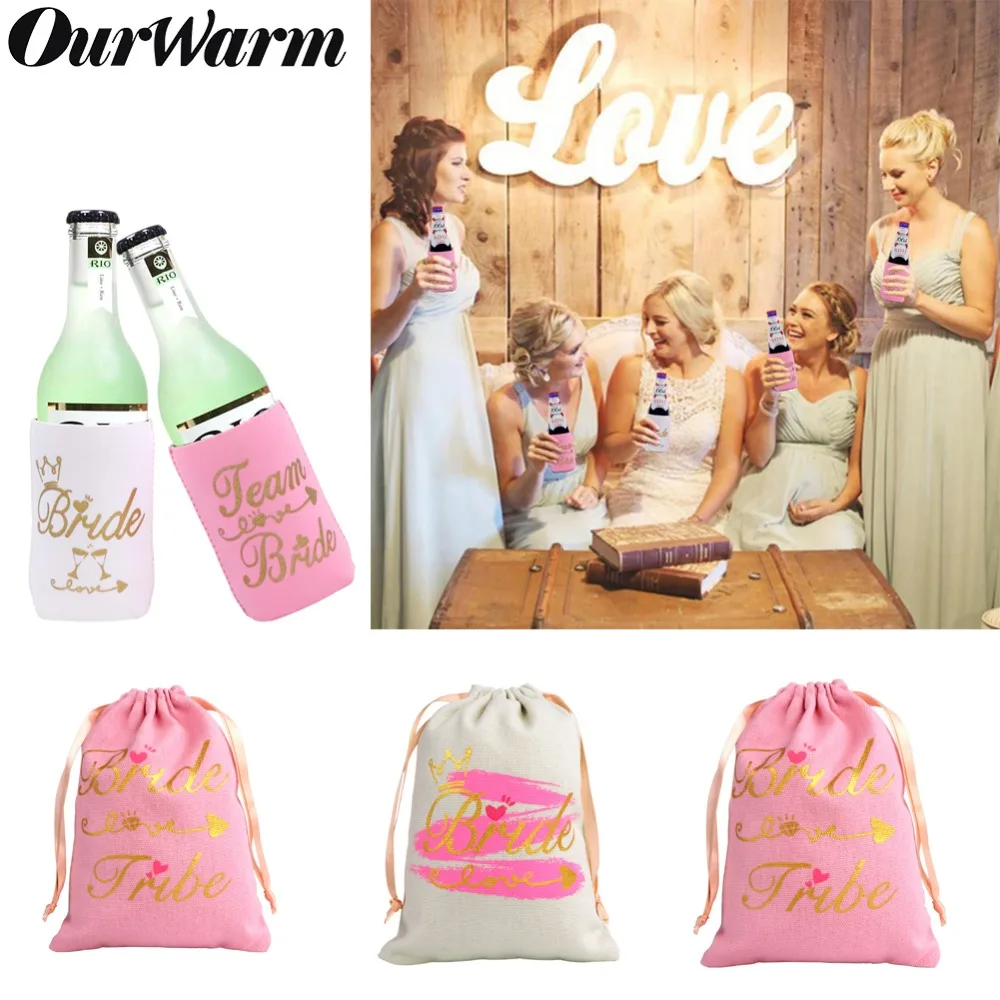 OurWarm Bride Bachelorette Party Decoration Pink Candy Bags Beer Can Cooler Covers for Hen Party Decor Birde to Be Favor