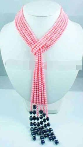 

bjc 0001762 4mm Pink Round coral & 7-8mm Black Rice Pearl 3-strand 45" cappa necklace (C0309)