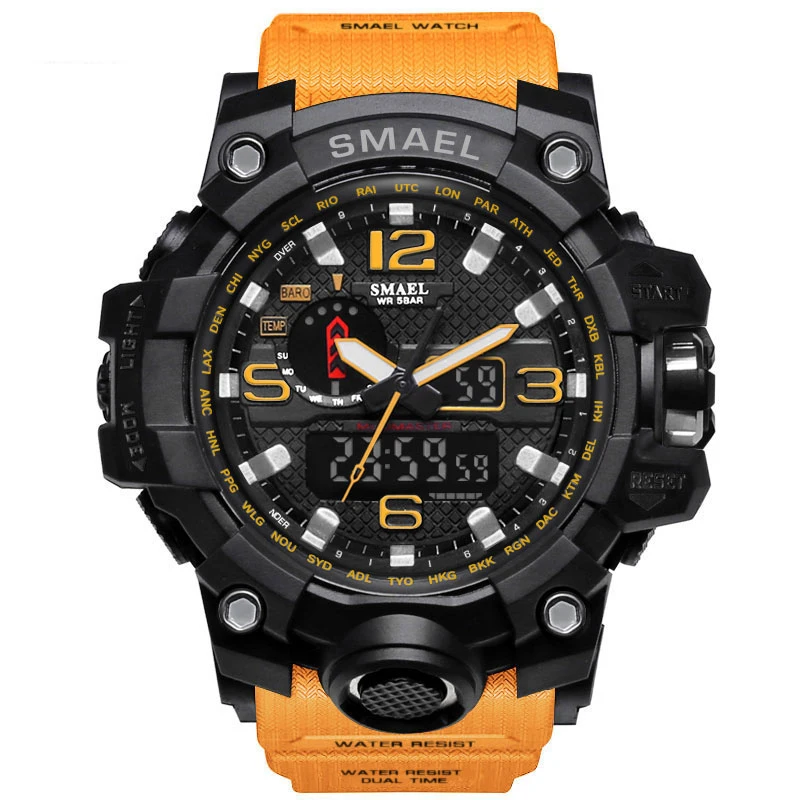 Военные часы армейские водонепроницаемые мужские SMAEL оригинальные роскошные светодиодный часы с будильником 1545 спортивные часы с большим циферблатом и хронографом - Цвет: Orange