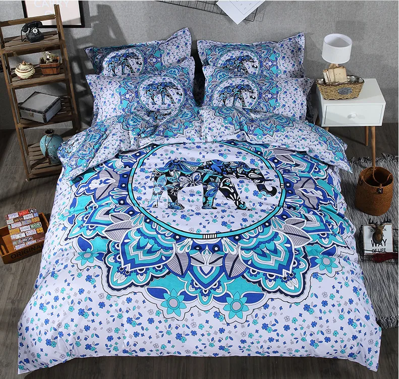 cute mandala flower elephant bedding set 3d washable comforter cover single full king size linens bed spreads 3/4 pcs bohemian