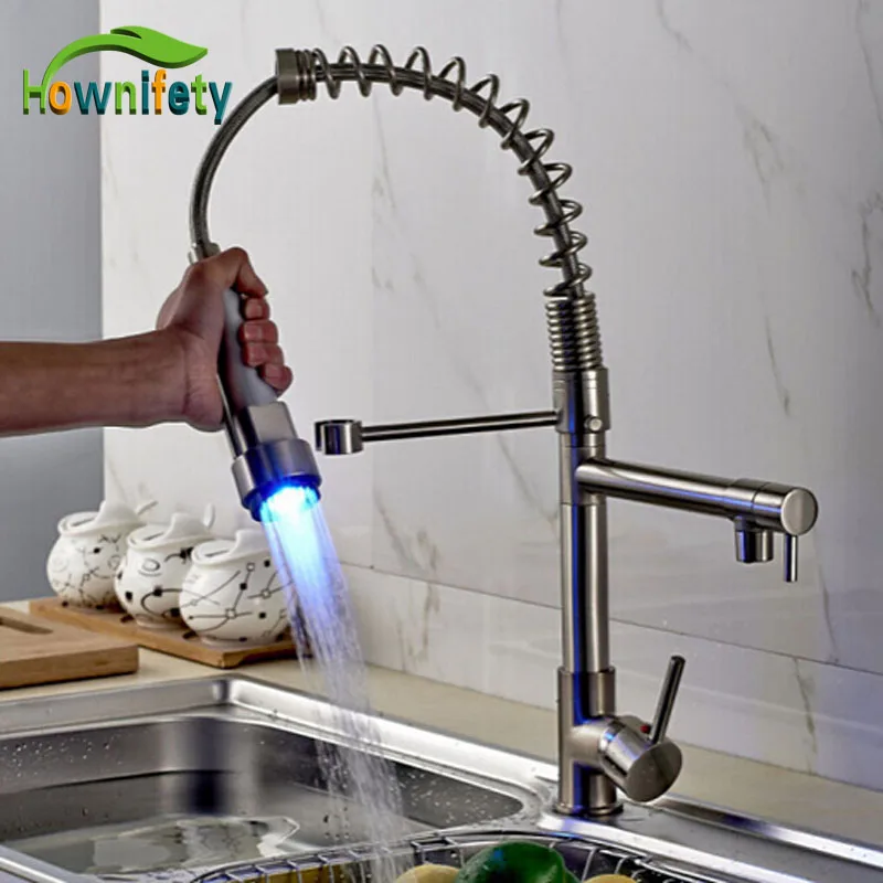 

LED Colors Brushed Nickel Pull Down Spray Kitchen Sink Faucet Single Handle One Hole Mixer Tap
