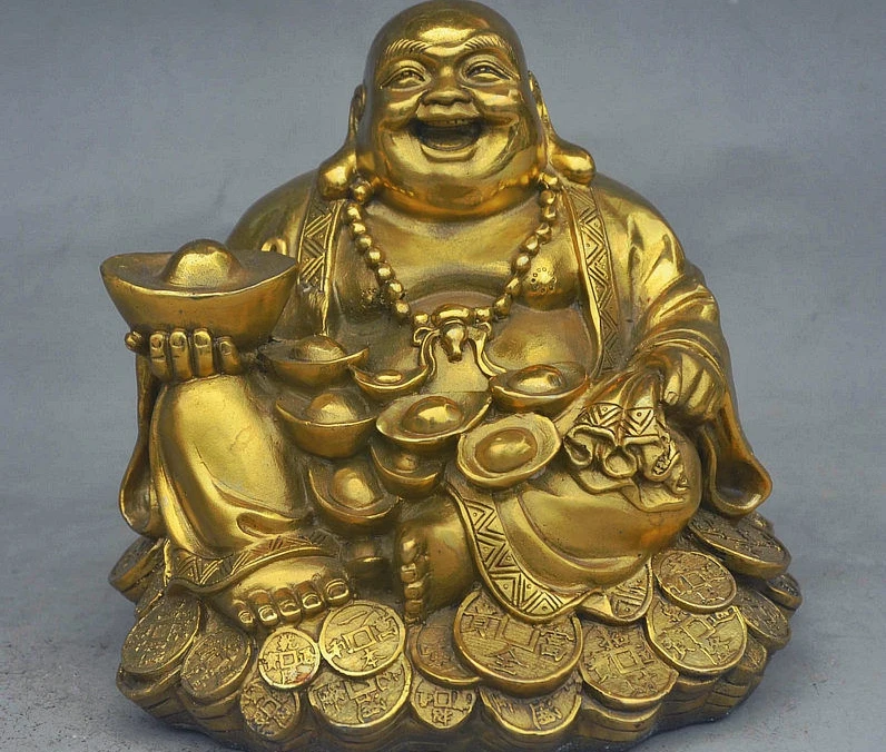 8cm China Royal Brass Wealth Maitreya Buddha Hold Money Bag YuanBao