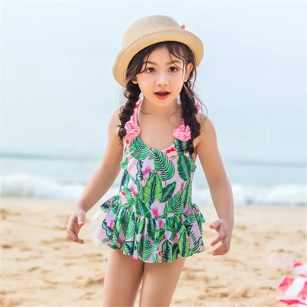 Handmade Floral One Piece Swimsuit Girls Print Children Swimwear Child Skirt Swim Suit Kids