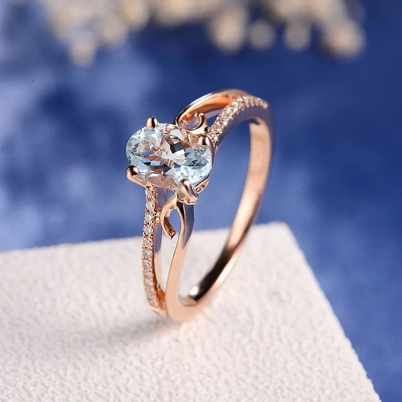

Blue Oval CZ Stone Wedding Rings for Women Jewellery Rose Gold Color Copper Cubic Zircon Engagement Crystal Ring Jewelry