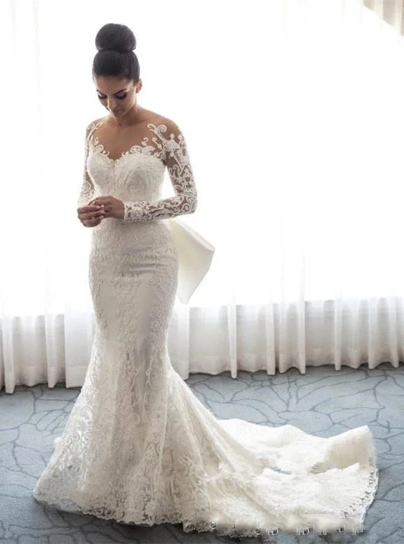 2019-Sheer-Long-Sleeves-Lace-Mermaid-Wedding-Dresses-Tulle-Applique-Wedding-Bridal-Gowns-With-Detachable-Skirt (2)