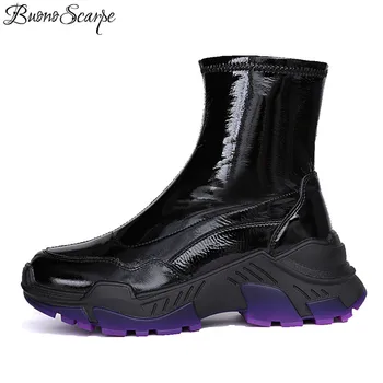 

BuonoScarpe Chelsea Boots Platform Short Booties Patent Leather Women Shoes Slip On Mid-Calf Boots Wedges Height Increasing Shoe