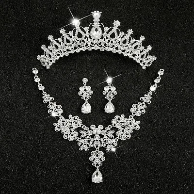 Hot Sale Sliver Plated Rhinestone Crystal Necklace+Earrings+Tiara 3pcs Jewelry Set For Bride Bridal Wedding Accessories (21)